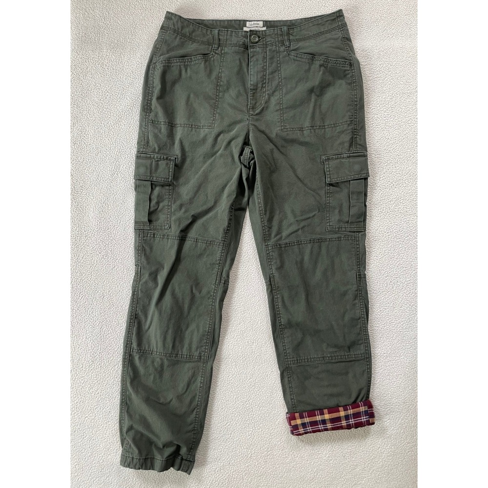 L.L. Bean Womens 10 Cargo Pants Green Flannel Lined Favorite Fit Plaid Stretch